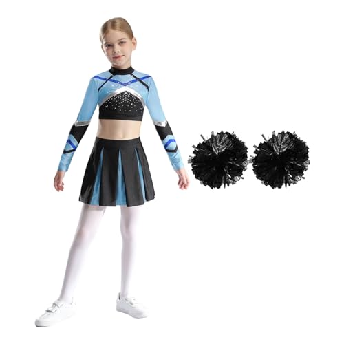 Manyakai Cheer Leader Kostüm Mädchen Bauchfrei Langarm Crop-Top mit High Waist Tanzrock Faltenrock und Handblumenkugeln Fasching Set Dusty Blue&Black 134-140 von Manyakai