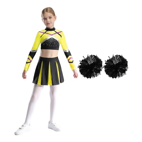 Manyakai Cheer Leader Kostüm Mädchen Bauchfrei Langarm Crop-Top mit High Waist Tanzrock Faltenrock und Handblumenkugeln Fasching Set Fluoreszierendes Gelb 122-128 von Manyakai