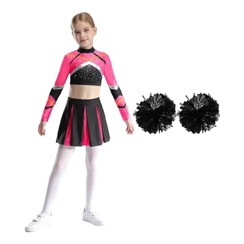 Manyakai Cheer Leader Kostüm Mädchen Bauchfrei Langarm Crop-Top mit High Waist Tanzrock Faltenrock und Handblumenkugeln Fasching Set Hot Pink 134-140 von Manyakai