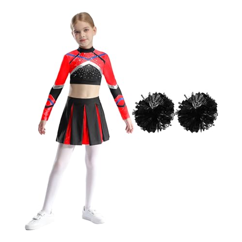 Manyakai Cheer Leader Kostüm Mädchen Bauchfrei Langarm Crop-Top mit High Waist Tanzrock Faltenrock und Handblumenkugeln Fasching Set Rot 170 von Manyakai