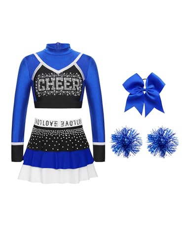 Manyakai Cheerleadering Halloween Kostüm Mädchen Cheer Leader Tanz Outfit Langarm Crop Tops Rock mit Pompoms Kopfschmuck B Blau 110-116 von Manyakai