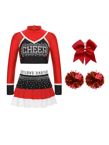 Manyakai Cheerleadering Halloween Kostüm Mädchen Cheer Leader Tanz Outfit Langarm Crop Tops Rock mit Pompoms Kopfschmuck Ein Rot 134-140 von Manyakai