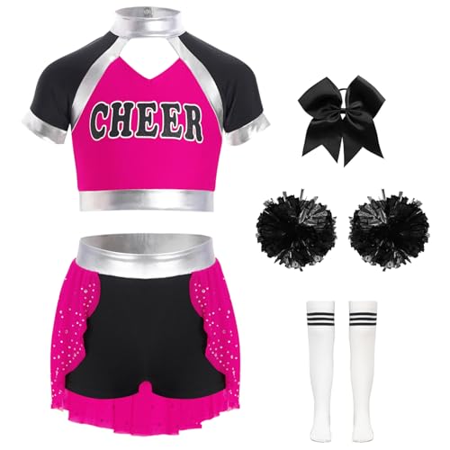 Manyakai Cheerleadering Kostüm für Mädchen Cheer Leaderin Uniform mit Pompoms Schleife Haarbänder und Socken Halloween Kostüm Hot Pink 146-152 von Manyakai