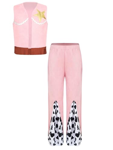 Manyakai Cowgirl Kostüm Mädchen Fransen Weste und Kuh Druck Schlaghosen Set Cowboy Anzug Halloween Karneval Fasching Verkleidung Rosa 134-140 von Manyakai