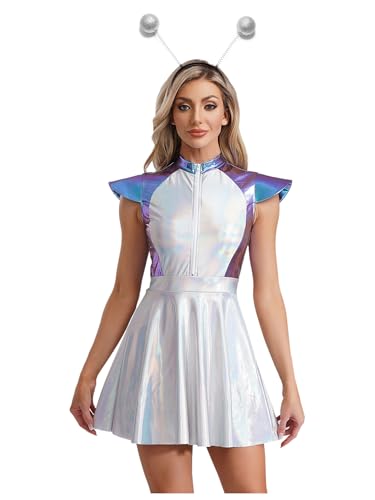 Manyakai Damen Astronauten Kostüm Alien Kostüm Space Girl Kleid mit Stirnband Fashing Karneval Cosplay Party Outfit Blau L von Manyakai