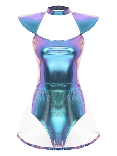 Manyakai Damen Astronauten Kostüm Metallic Overall Ärmellos Body Weltraumfahrer Fashingskostüm Karneval Cosplay Verkleidung Blau A XL von Manyakai