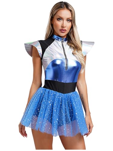 Manyakai Damen Astronauten Kostüm Metallic Overall Body Pailletten Tüll Rock Weltraumfahrer Fashingskostüm Karneval Cosplay Blau 3XL von Manyakai