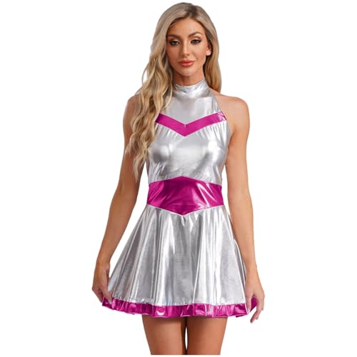 Manyakai Damen Astronauten Kostüm Metallic Shiny Kleid Alien Kleid Neckholder Kurzes Kleid Fasching Karneval Cosplay Verkleidung Hot Pink 3XL von Manyakai