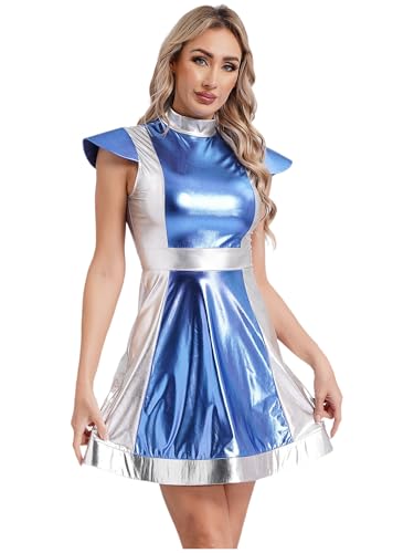 Manyakai Damen Astronauten Kostüm Neck Cap Sleeve Metallic Shiny Kleid Fasching Karneval Cosplay Verkleidung Hellblau M von Manyakai