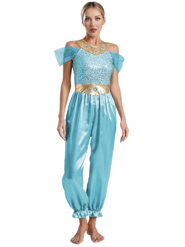 Manyakai Damen Bauchtanz Kostüm Arabische Verkleidung Pailletten Jumpsuit Neckholder Overall Fasching Halloween Kostüm Hellblau XL von Manyakai