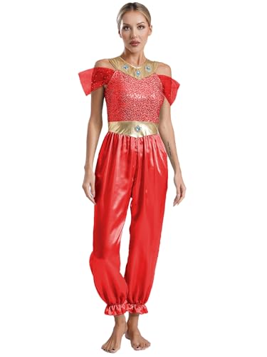 Manyakai Damen Bauchtanz Kostüm Arabische Verkleidung Pailletten Jumpsuit Neckholder Overall Fasching Halloween Kostüm Rot 3XL von Manyakai