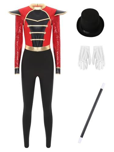 Manyakai Damen Bodysuit Zirkus Kostüm Einteiler Body Trikot Trikot mit Magierhut Handschuhe Zauberstab Fasching Karneval Halloween Rot 3XL von Manyakai