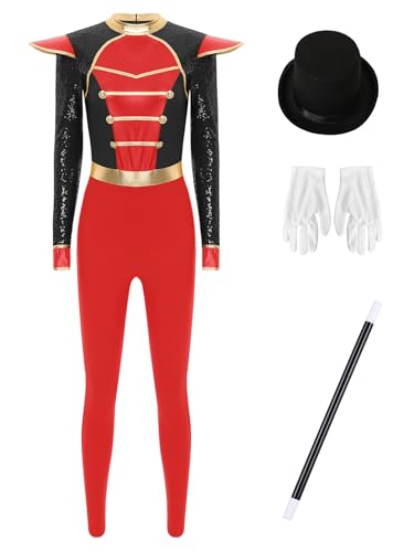 Manyakai Damen Bodysuit Zirkus Kostüm Einteiler Body Trikot Trikot mit Magierhut Handschuhe Zauberstab Fasching Karneval Halloween Schwarz 3XL von Manyakai