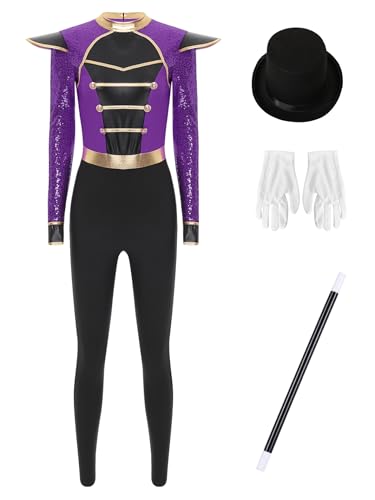 Manyakai Damen Bodysuit Zirkus Kostüm Einteiler Body Trikot Trikot mit Magierhut Handschuhe Zauberstab Fasching Karneval Halloween Violett 3XL von Manyakai