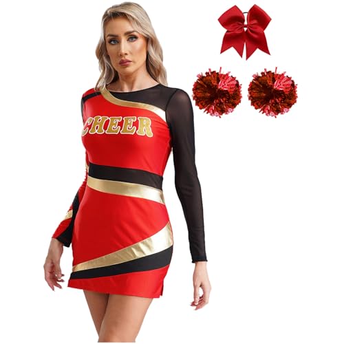 Manyakai Damen Cheerleading Kostüm Langarm Kleid Cheer Outfit Fasching Party Halloween Tanzkleid mit Pompoms und Haarband Rot L von Manyakai