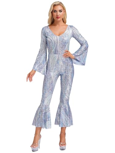 Manyakai Damen Glänzend Jumpsuit Disco Outfit Jumpsuit Bodysuit Overall 70er 80er Jahre Fasching Hippie Kostüm Silber M von Manyakai