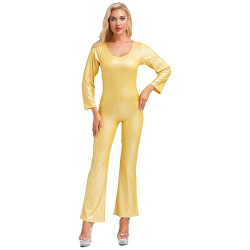 Manyakai Damen Glänzend Tanz Jumpsuit Disco Outfit Jumpsuit Bodysuit Overall 70er 80er Jahre Fasching Hippie Kostüm Gold M von Manyakai