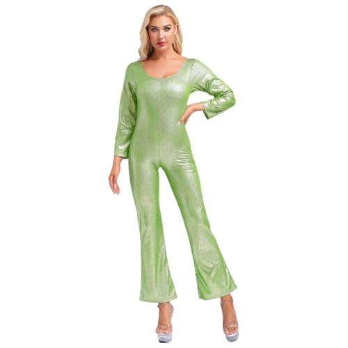 Manyakai Damen Glänzend Tanz Jumpsuit Disco Outfit Jumpsuit Bodysuit Overall 70er 80er Jahre Fasching Hippie Kostüm Grün L von Manyakai