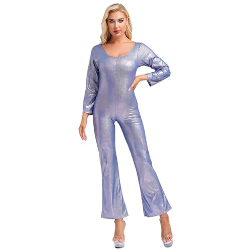 Manyakai Damen Glänzend Tanz Jumpsuit Disco Outfit Jumpsuit Bodysuit Overall 70er 80er Jahre Fasching Hippie Kostüm Königsblau L von Manyakai