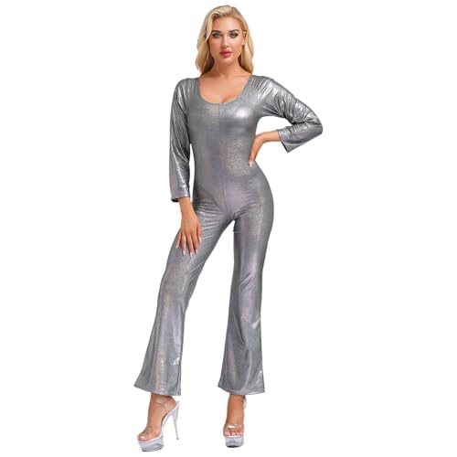 Manyakai Damen Glänzend Tanz Jumpsuit Disco Outfit Jumpsuit Bodysuit Overall 70er 80er Jahre Fasching Hippie Kostüm Schwarz M von Manyakai