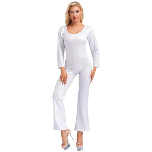 Manyakai Damen Glänzend Tanz Jumpsuit Disco Outfit Jumpsuit Bodysuit Overall 70er 80er Jahre Fasching Hippie Kostüm Silber L von Manyakai