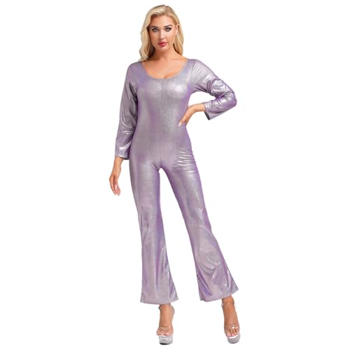 Manyakai Damen Glänzend Tanz Jumpsuit Disco Outfit Jumpsuit Bodysuit Overall 70er 80er Jahre Fasching Hippie Kostüm Violett L von Manyakai