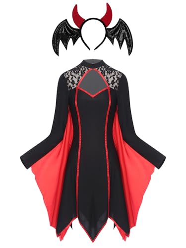 Manyakai Damen Halloween Vampir Hexe Cosplay Kostüm Cocktailkleid Kleid Abendkleider Saum Minikleid mit Haarreifen Schwarz M von Manyakai