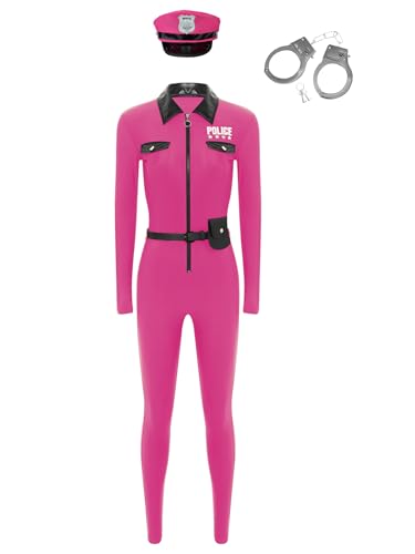 Manyakai Damen Polizistin Kostüm Catsuit Langarm Bodysuit mit Gürtel Handtasche Hut Requisite und Halloween Fasching Kostüm Hot Pink 3XL von Manyakai