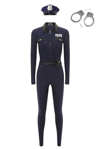 Manyakai Damen Polizistin Kostüm Catsuit Langarm Bodysuit mit Gürtel Handtasche Hut Requisite und Halloween Fasching Kostüm Navy blau 3XL von Manyakai