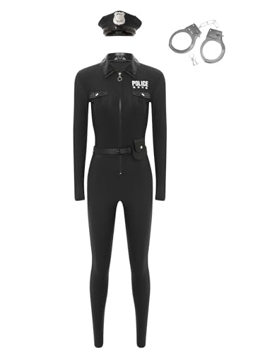 Manyakai Damen Polizistin Kostüm Catsuit Langarm Bodysuit mit Gürtel Handtasche Hut Requisite und Halloween Fasching Kostüm Schwarz 3XL von Manyakai