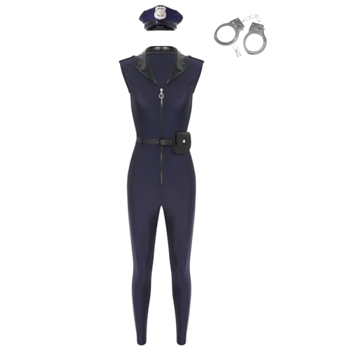 Manyakai Damen Polizistin Kostüm Reißverschluss Bodysuit mit Gürtel Handtasche Hut Requisite und Halloween Fasching Kostüm Navy blau 3XL von Manyakai