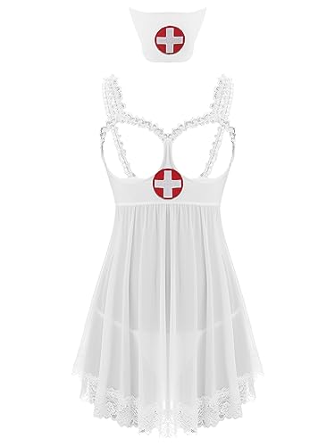 Manyakai Dessous Damen Sexy Unterwäsche Krankenschwester Kostüm Busenfrei Kleid Ärmellos Spitzensaum Minikleid Erotisch Lingerie Set Clubwear Weiß L von Manyakai