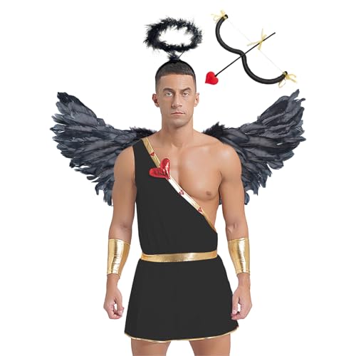 Manyakai Herren Griechischer Gott Kostüm Toga Gewand Röme Faltenrock One Shoulder mit Flügel Bogen Pfeil und Haarreif Karneval Outfits Schwarz L von Manyakai