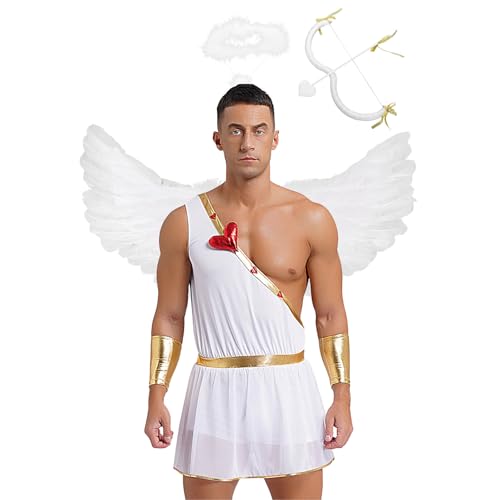 Manyakai Herren Griechischer Gott Kostüm Toga Gewand Röme Faltenrock One Shoulder mit Flügel Bogen Pfeil und Haarreif Karneval Outfits Weiß 3XL von Manyakai