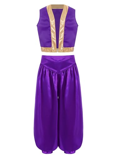 Manyakai Jungen Prinz Verkleidung Arabian Prince Kostüm Ärmellos Weste mit Hose Set Kinder Halloween Karneval Cosplay Fasching Violett 110-116 von Manyakai