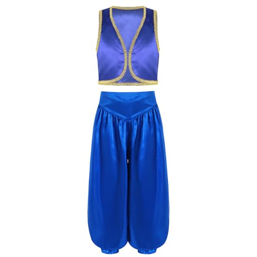 Manyakai Jungen Prinz Verkleidung Arabian Prince Rollenspiel Ärmellos Weste Top mit Hose Set Karneval Cosplay Fasching Party Blau 122-128 von Manyakai