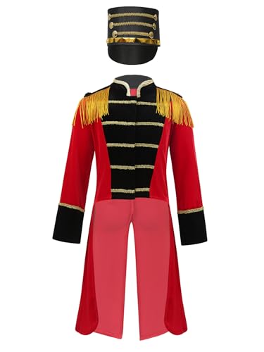 Manyakai Jungen Zirkusdirektor Cosplay Kostüm Ringmaster Zirkus Langarm Jacke mit Trommler Hut für Festival Party rot schwarz 110-116 von Manyakai