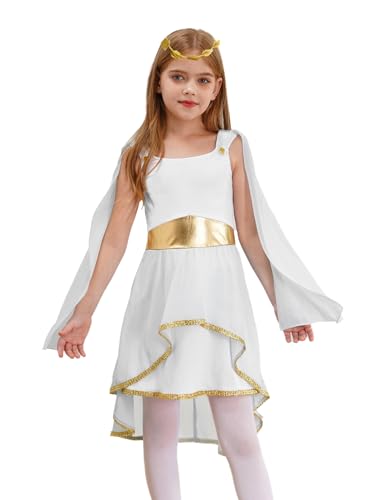 Manyakai Kidner Griechische Göttin Kostüm Mädchen Römerin Mittelalter Kleid mit Stirnband Halloween Karneval Fasching Weiß 110-116 von Manyakai