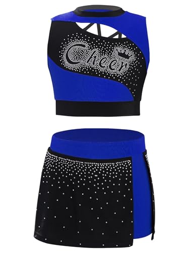 Manyakai Kinder Cheerleading Outfit Mädchen Cheer Leader Kostüm Ärmellos Buchstaben Print Crop Top mit Rock Faltenrock Blau 110-116 von Manyakai