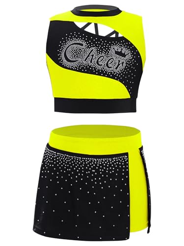 Manyakai Kinder Cheerleading Outfit Mädchen Cheer Leader Kostüm Ärmellos Buchstaben Print Crop Top mit Rock Faltenrock Fluoreszierendes Gelb 170 von Manyakai