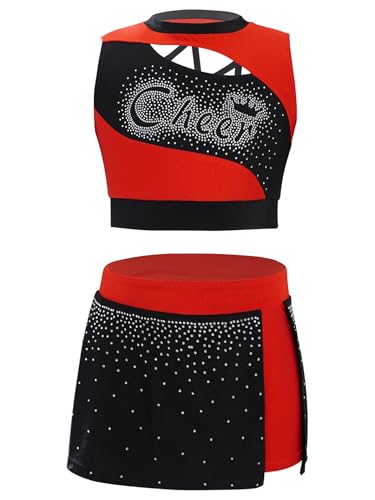 Manyakai Kinder Cheerleading Outfit Mädchen Cheer Leader Kostüm Ärmellos Buchstaben Print Crop Top mit Rock Faltenrock Rot 122-128 von Manyakai