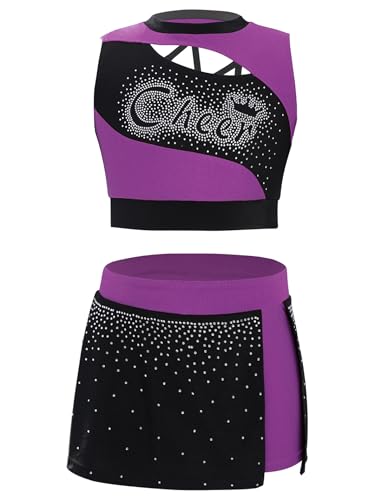 Manyakai Kinder Cheerleading Outfit Mädchen Cheer Leader Kostüm Ärmellos Buchstaben Print Crop Top mit Rock Faltenrock Violett 158-164 von Manyakai