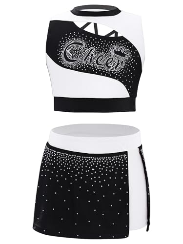 Manyakai Kinder Cheerleading Outfit Mädchen Cheer Leader Kostüm Ärmellos Buchstaben Print Crop Top mit Rock Faltenrock Weiß 134-140 von Manyakai