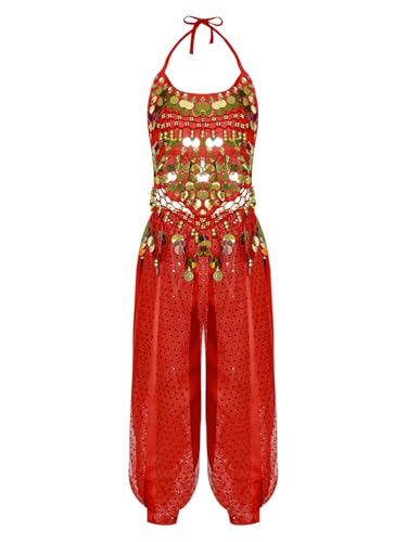 Manyakai Kinder Mädchen Bauchtanz Kostüm Tanztop Pailletten Quaste Crop Top mit Pumphose Orientalisch Tanzkleidung Set Rot 158-164 von Manyakai