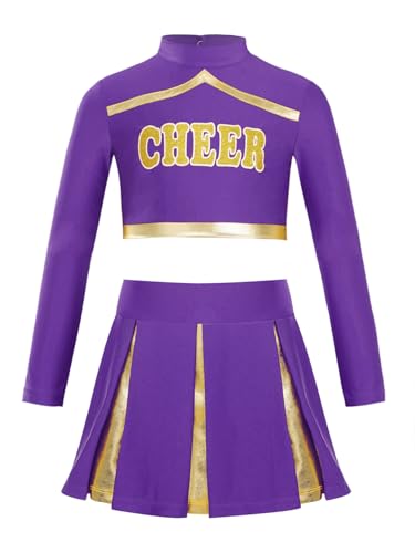 Manyakai Kinder Mädchen Cheerleading Kostüm Pailletten Langarm Cheer Shirt Top mit Rock Faltenrock Halloween Verkleidung Violett 134-140 von Manyakai