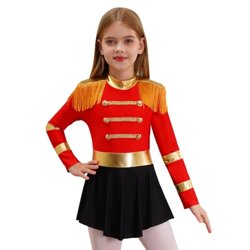 Manyakai Kinder Mädchen Zirkus Kostüm Halloween Langarm Bodysuit Zirkusdirektorin mit Quaste Cosplay Verkleidung für Karneval Fasching Rot 158-164 von Manyakai