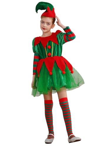 Manyakai Kinder Weihnachtskostüm Mädchen Weihnachtswichtel Kostüm Langarm mit Elf Hut und Streifen Strümpfe für Karneval Weihnachten Cosplay Grün 110-116 von Manyakai