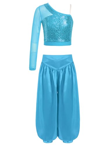 Manyakai Mädchen Bauchtanz Kostüm Langarm Pailletten Crop Top mit Pumphose Orientalisch Indische Tanzkleidung Hellblau 110-116 von Manyakai