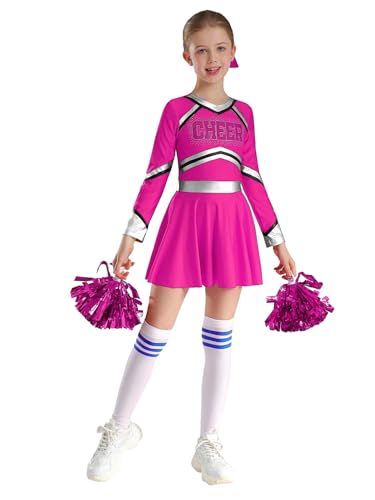 Manyakai Mädchen Cheer Leader kleid mit Pompoms Mittelschule Cheerleading Uniform Kostüm für Fasching Karneval Cosplay Hot Pink 134-140 von Manyakai