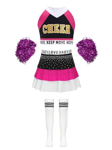 Manyakai Mädchen Cheerleadering Kostüm Mittelschule Uniform Crop Top mit Rock Pompons Socken Set Karneval Fashingskotüm Hot Pink 122-128 von Manyakai